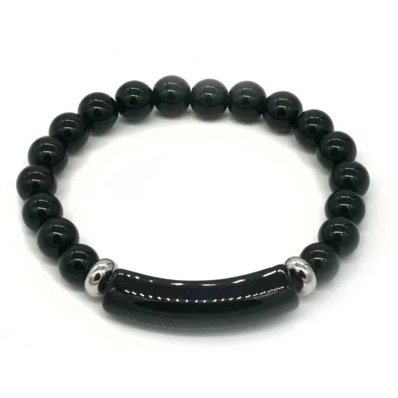 Natural Black Agate Elastic Bracelet. - Picture 3 of 3